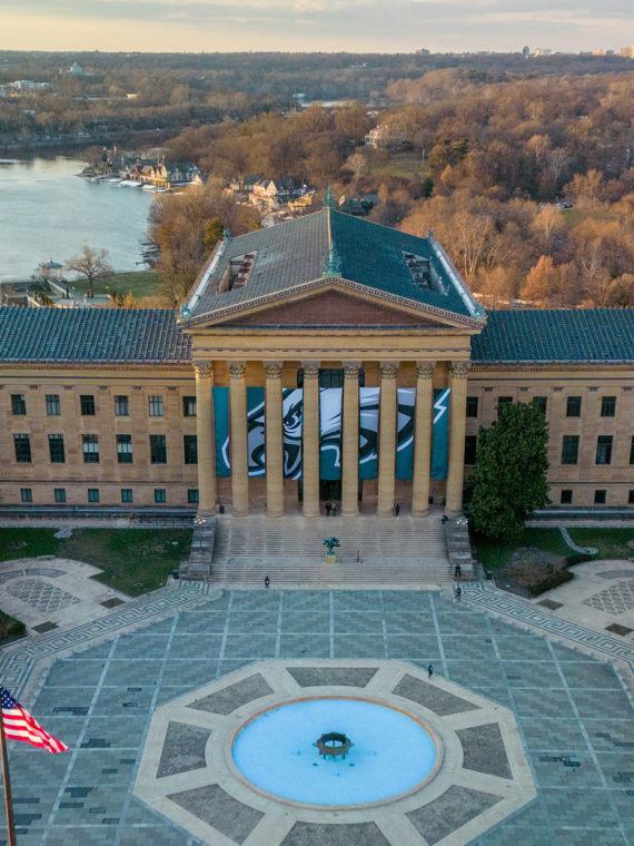 The Philadelphia Museum of Art with an Eagles banner