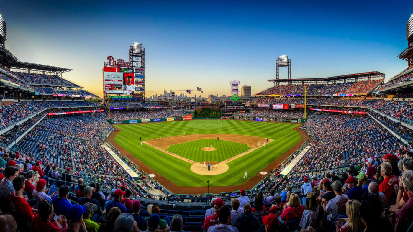 A wide angle shot of Citizens Bank Park in the late afternoon