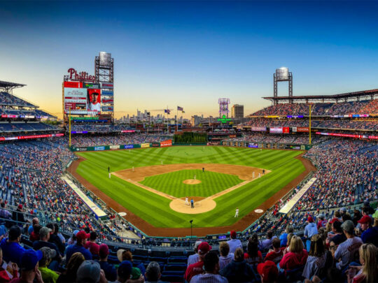 A wide angle shot of Citizens Bank Park in the late afternoon