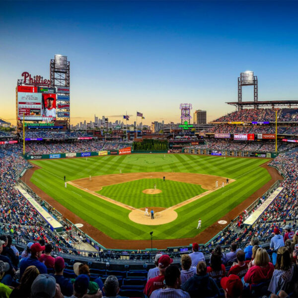 A wide angle shot of Citizens Bank Park in the late afternoon