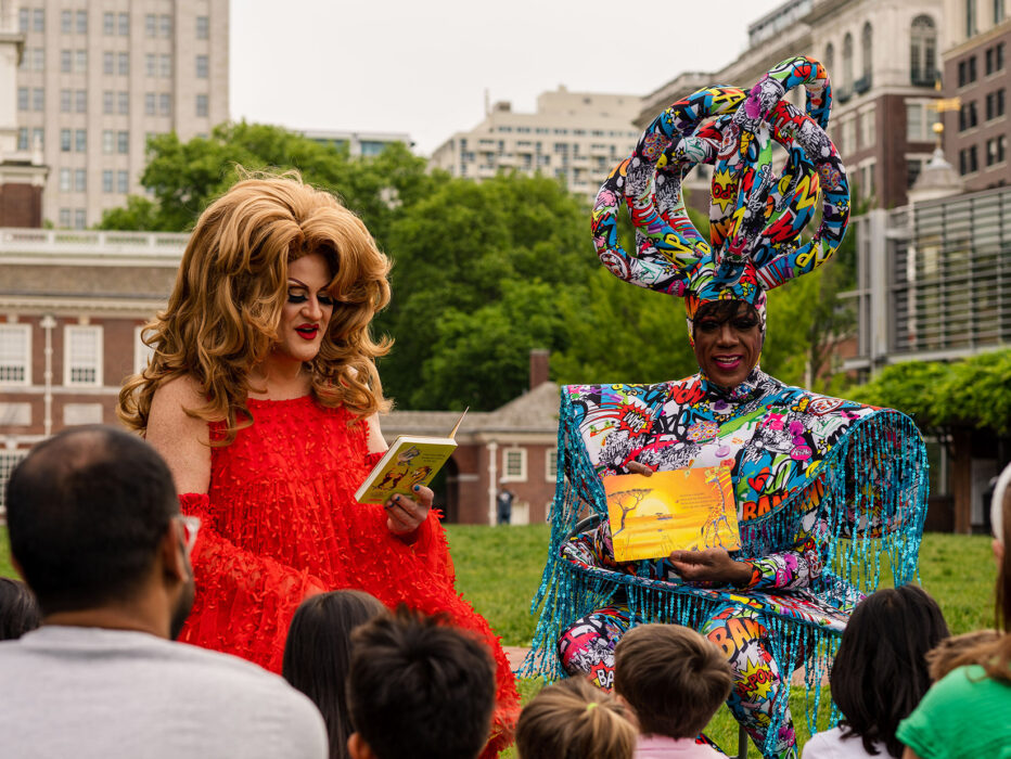 Drag queens Brittany Lynn and Morgan Wells at Independence Mall for storytime