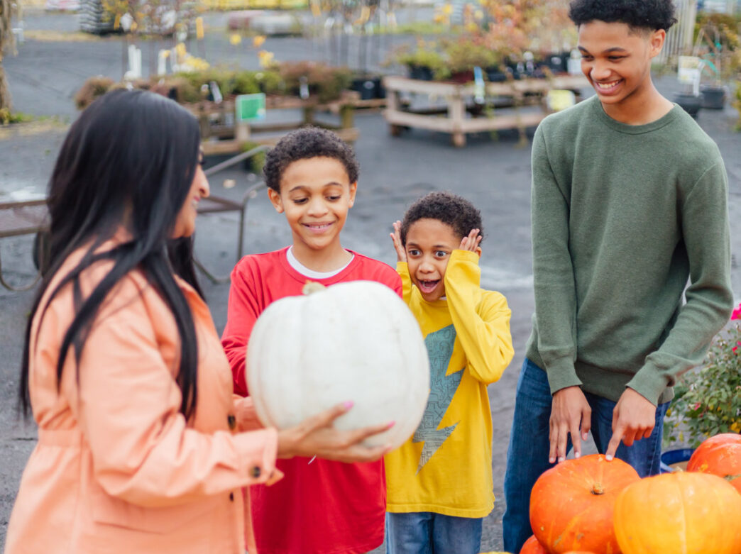 Kids and family looking at pumpkins at Shady Brook Farm