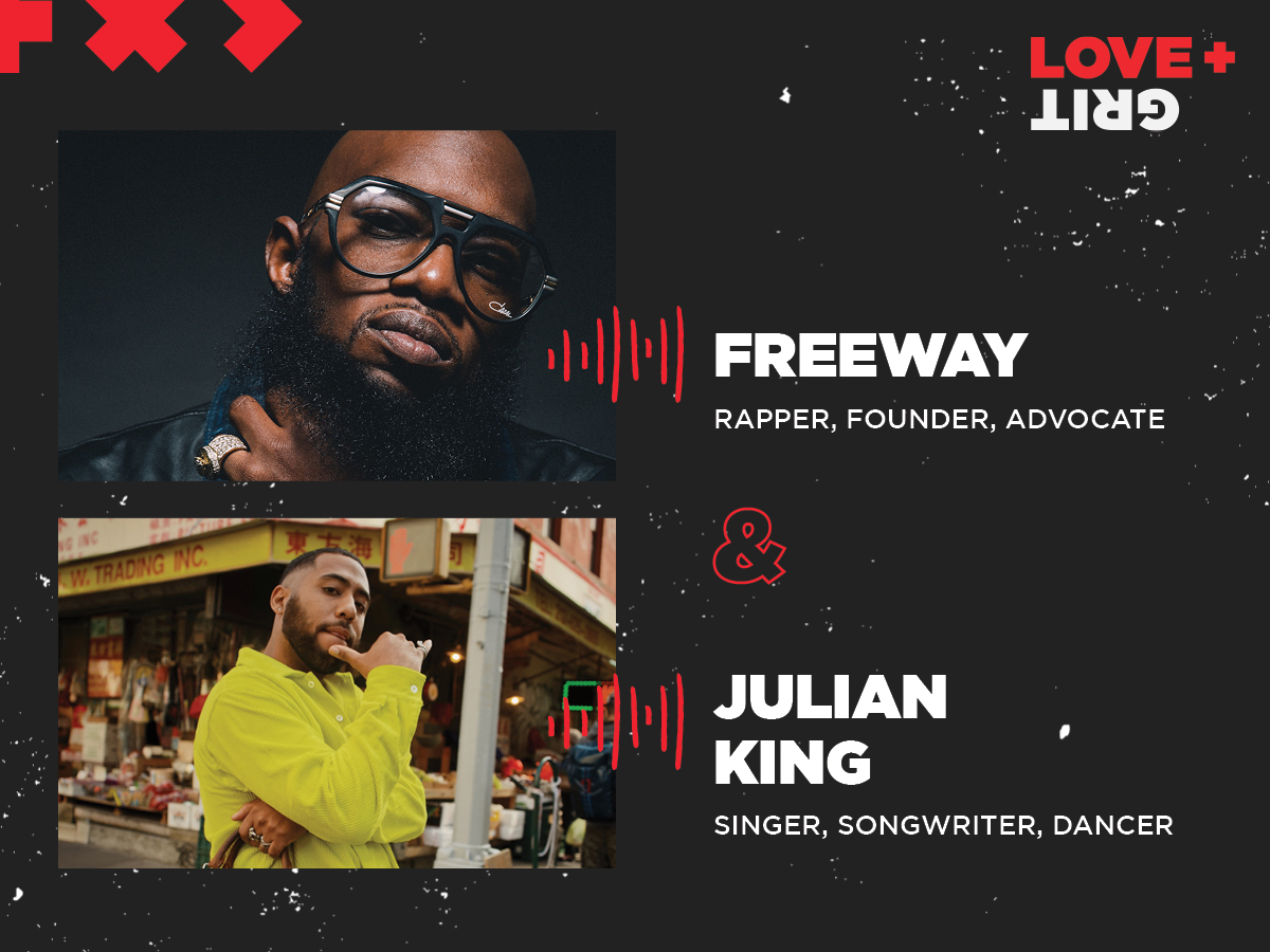 Graphic of Freeway and Julian King on season 4 of the Love + Grit podcast