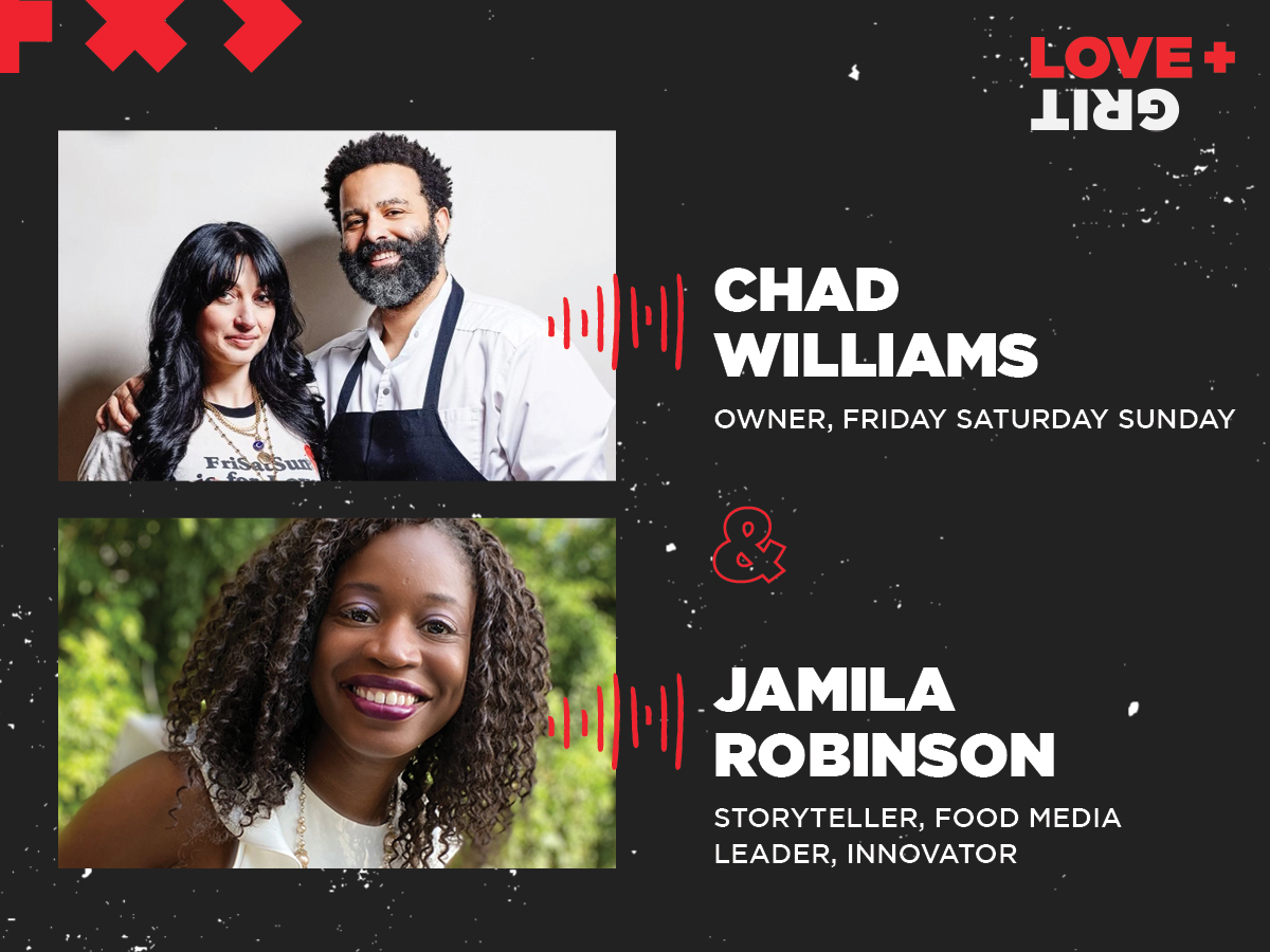 Graphic of Chad and Hanna Williams and Jamila Robinson for season 4 of the Love + Grit podcast