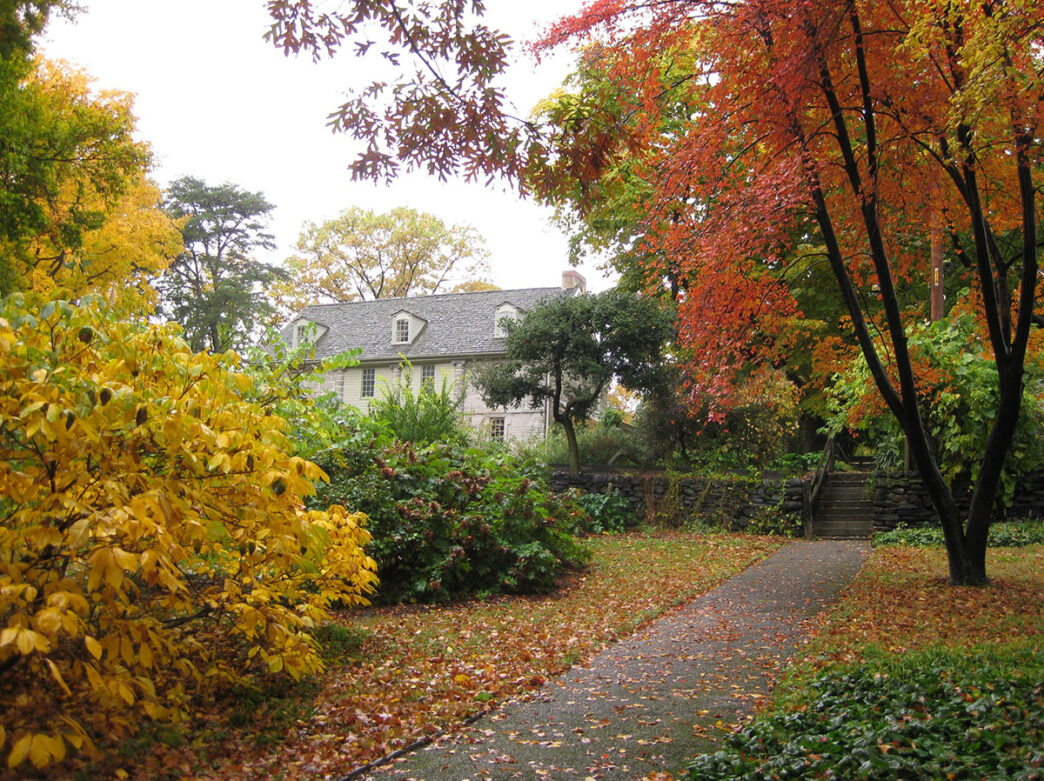 Leaves fall from trees during a cloudy day at Bartram's Garden.