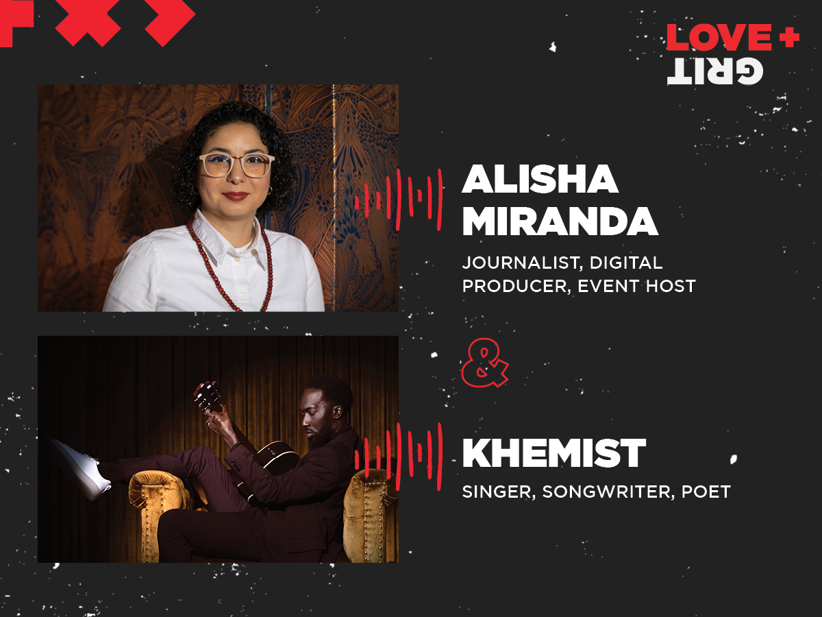 Graphic of Alisha Miranda and Khemist for Season 4 of the Love + Grit podcast