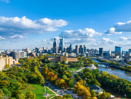An aerial image of the Philadelphia skyline