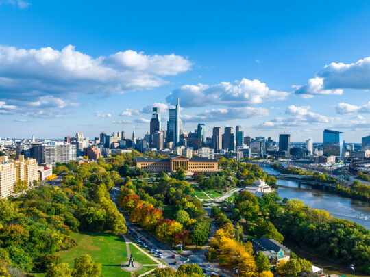 An aerial image of the Philadelphia skyline
