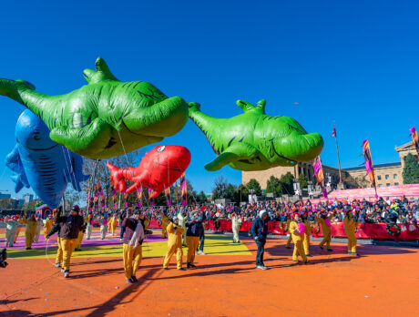 Balloons flaot past the Philadelphia Museum of Art during the Thanksgiving Day Parade