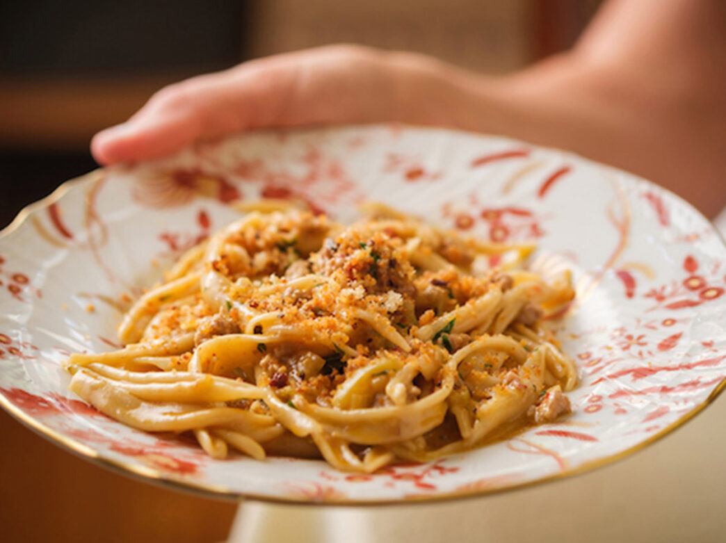 Plate of linguine with breadcrumb topping