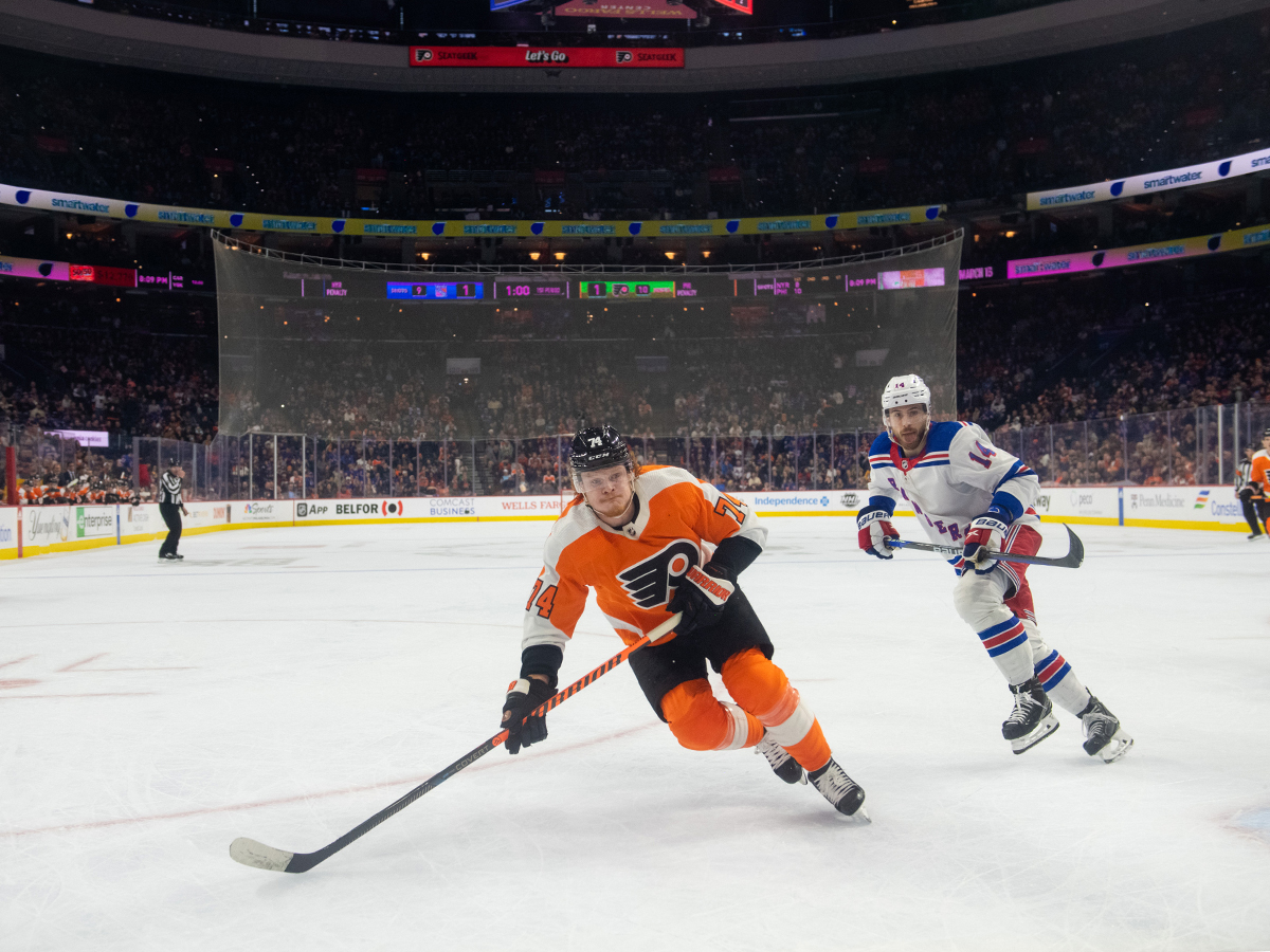 Player Owen Tippett skates across the ice during Philadelphia Flyers game against the New York Rangers.