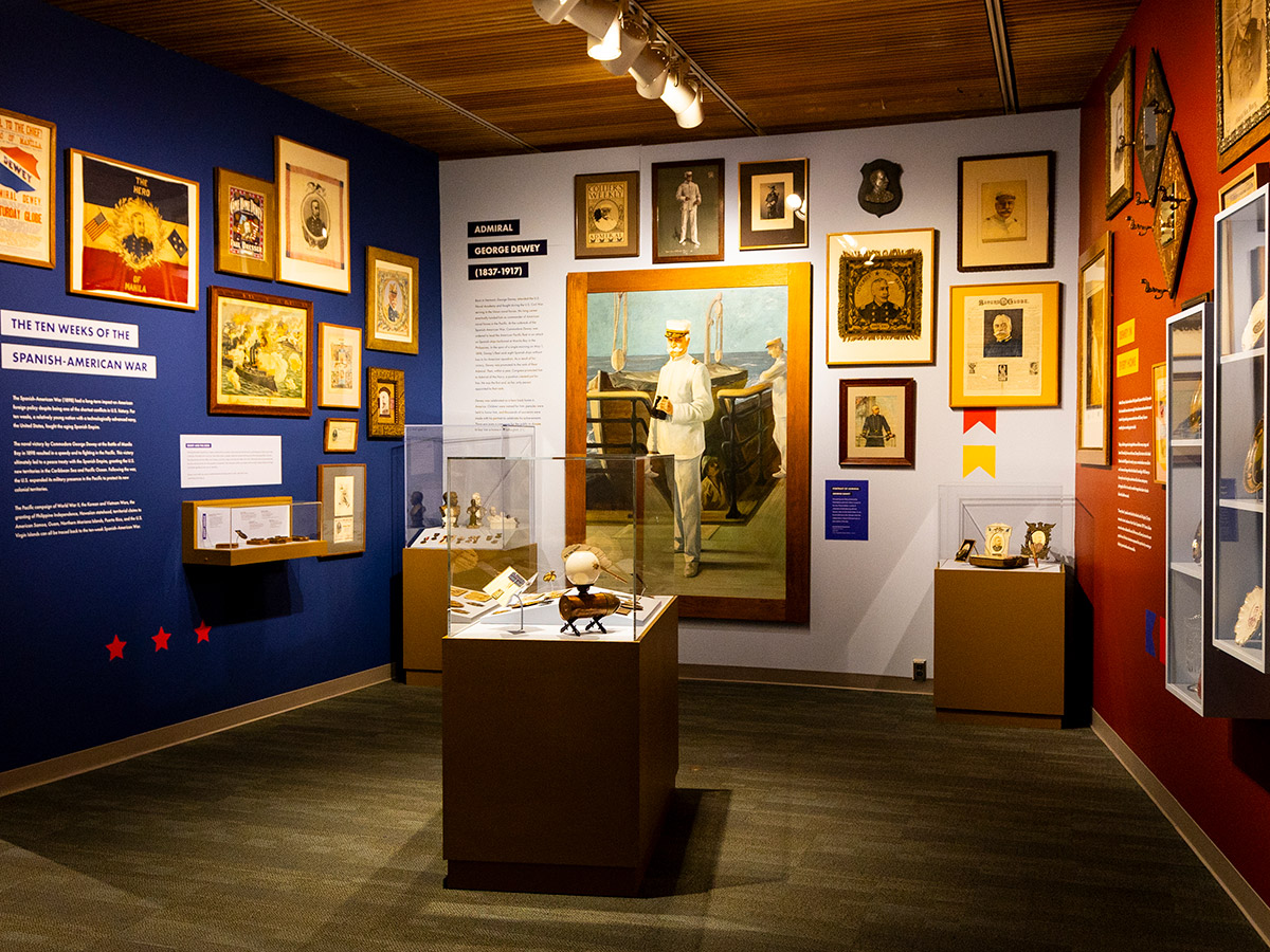 Memorabilia, photography and paintings depicting famed war hero Admiral George Dewey on display in the entrance exhibit at the Independence Seaport Museum.