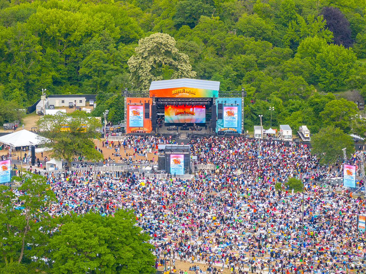 An aerial shot of a large crowd at The Roots Picnic in Fairmount Park.