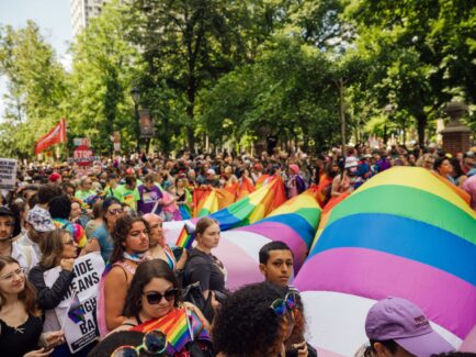 A crowd with LGBTQ+ flag during Pride month