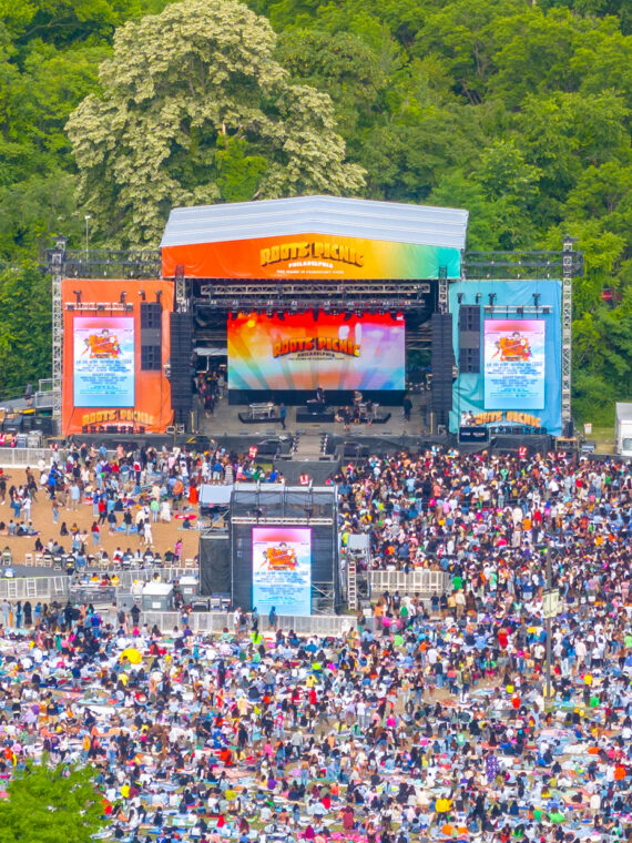An aerial shot of a large crowd at The Roots Picnic in Fairmount Park.