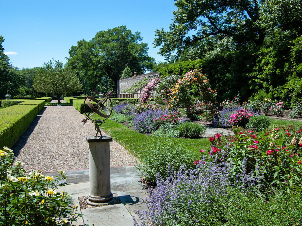 Rose garden fully in bloom with pink, purple and yellow flowers at Andalusia.
