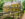 A stone house with yellow windows, shutters and doors sits on a grassy lawn with a wooden fence and walkway.