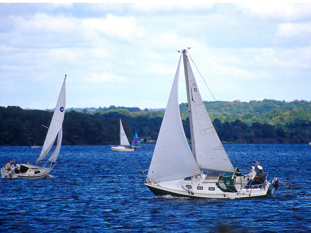 Sailboats sail across the blue water at Lake Nockamixon State Park.