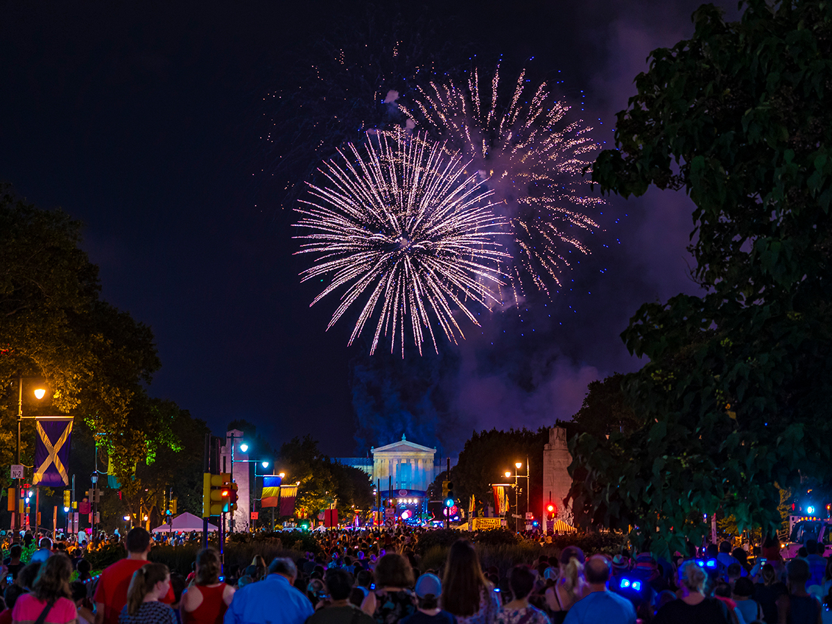A crowd of people face the Philadelphia Museum of Art while fireworks explode in the sky during the Wawa Welcome Firework show for July 4th.