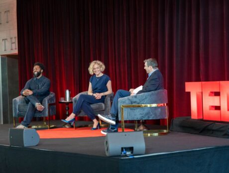 Baratunde Thurston, Katherine Maher and A.J. Jacobs on the TED stage having a discussion.