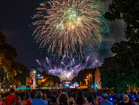 Colorful fireworks erupt above the Philadelphia Museum of Art.