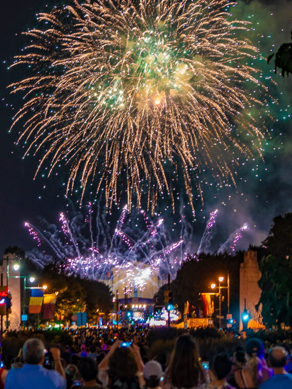 Colorful fireworks erupt above the Philadelphia Museum of Art.