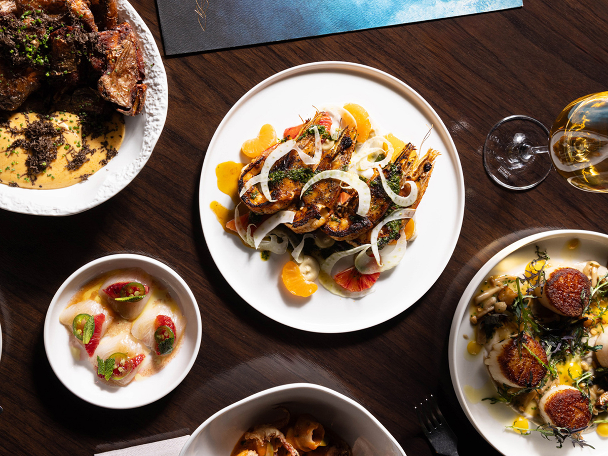 Menu items are Vernick Fish are displayed on plates on a wood table. Items include scallops, shrimp and a glass of white wine.