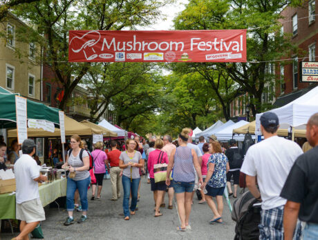 People walk through a street lined with vendor tents at the Mushroom Festival in Kennett Square.
