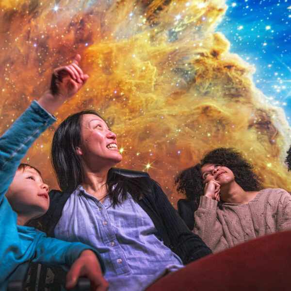 Four people looking up into space at The Franklin Institute's planetarium