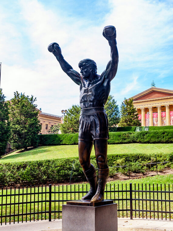 The bronze Rocky statue is displayed in Philadelphia in front of the Philadelphia Museum of Art.