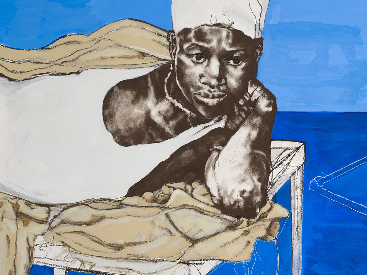 Una obra de arte de Claudette Johnson titulada "Kind of Blue", que forma parte de la exposición «The Time Is Always Now: Artists Reframe the Black Figure» (El momento es siempre ahora: los artistas replantean la figura negra), que se muestra en el Philadelphia Museum of Art.