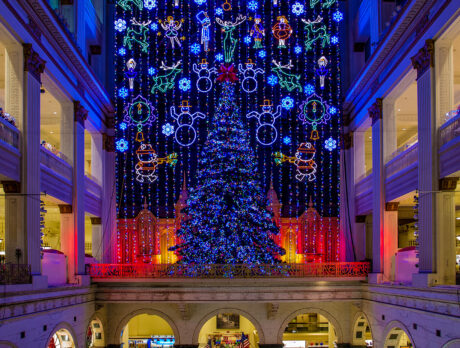 A Christmas tree and backdrop are decorated with holiday lights at Macy's Center City location.