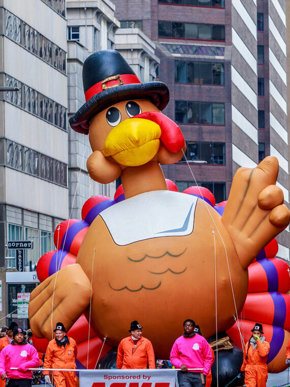 A large turkey float is marched down the street during the Thanksgiving Parade in Philadelphia. Crowds of people watch the parade from the sidewalks.