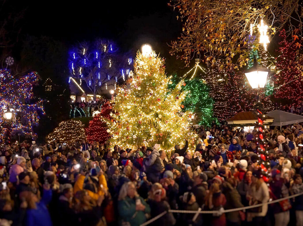 A crowd of people surround a Christmas tree that is illuminated with bright white string lights at Peddler's Village.