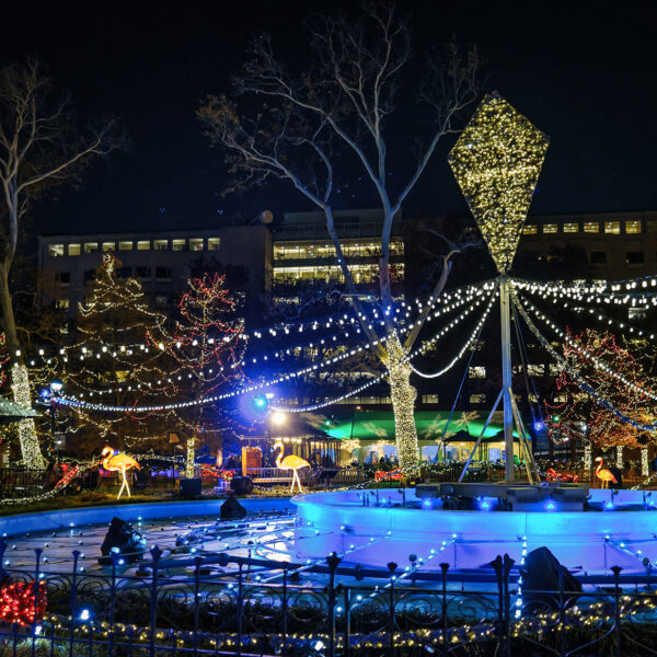 Holiday lights shine over the fountain at Franklin Square in Philadelphia