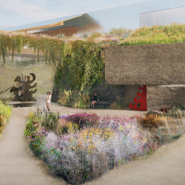 A rendering of the Vestige Garden at the new Calder Gardens along the Parkway. The garden features metal sculptures, plants and flowers.