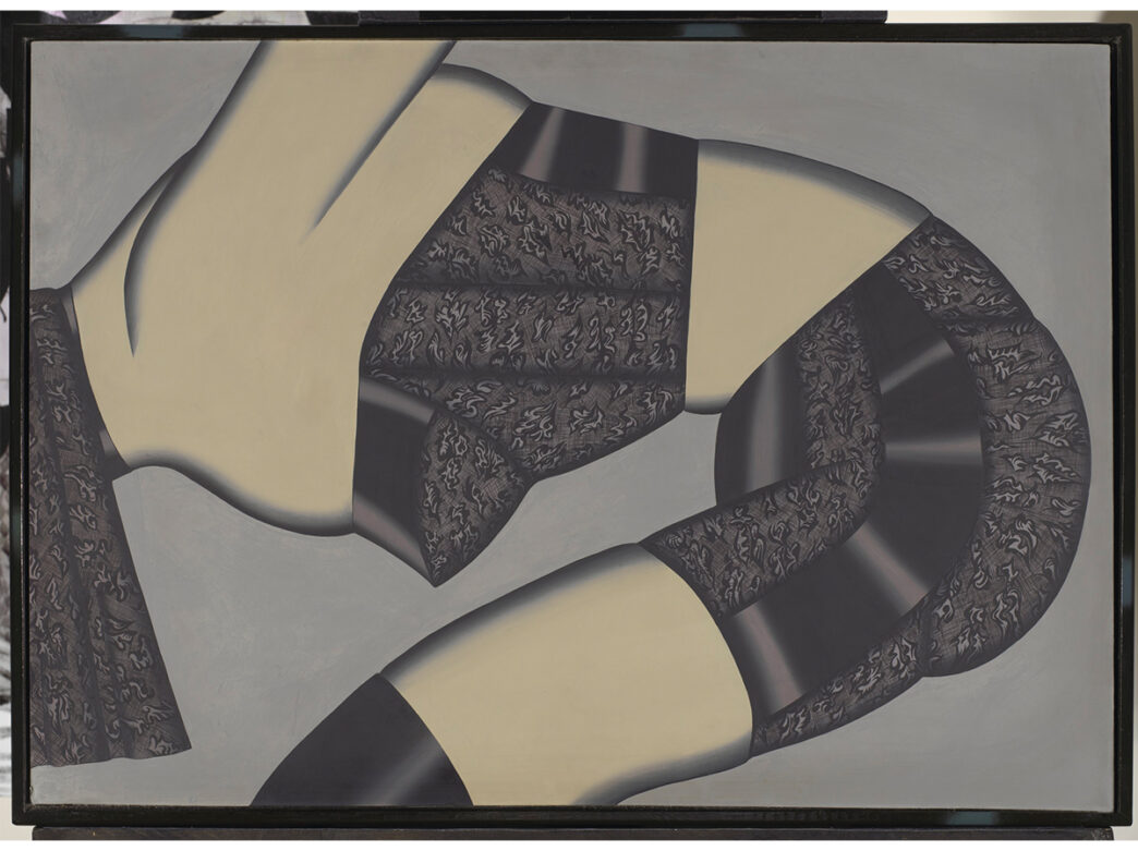 A painting by Christina Ramberg, Delicate Decline, of a woman's torso and legs while bending over. The woman wears a corset, undergarments and stockings.