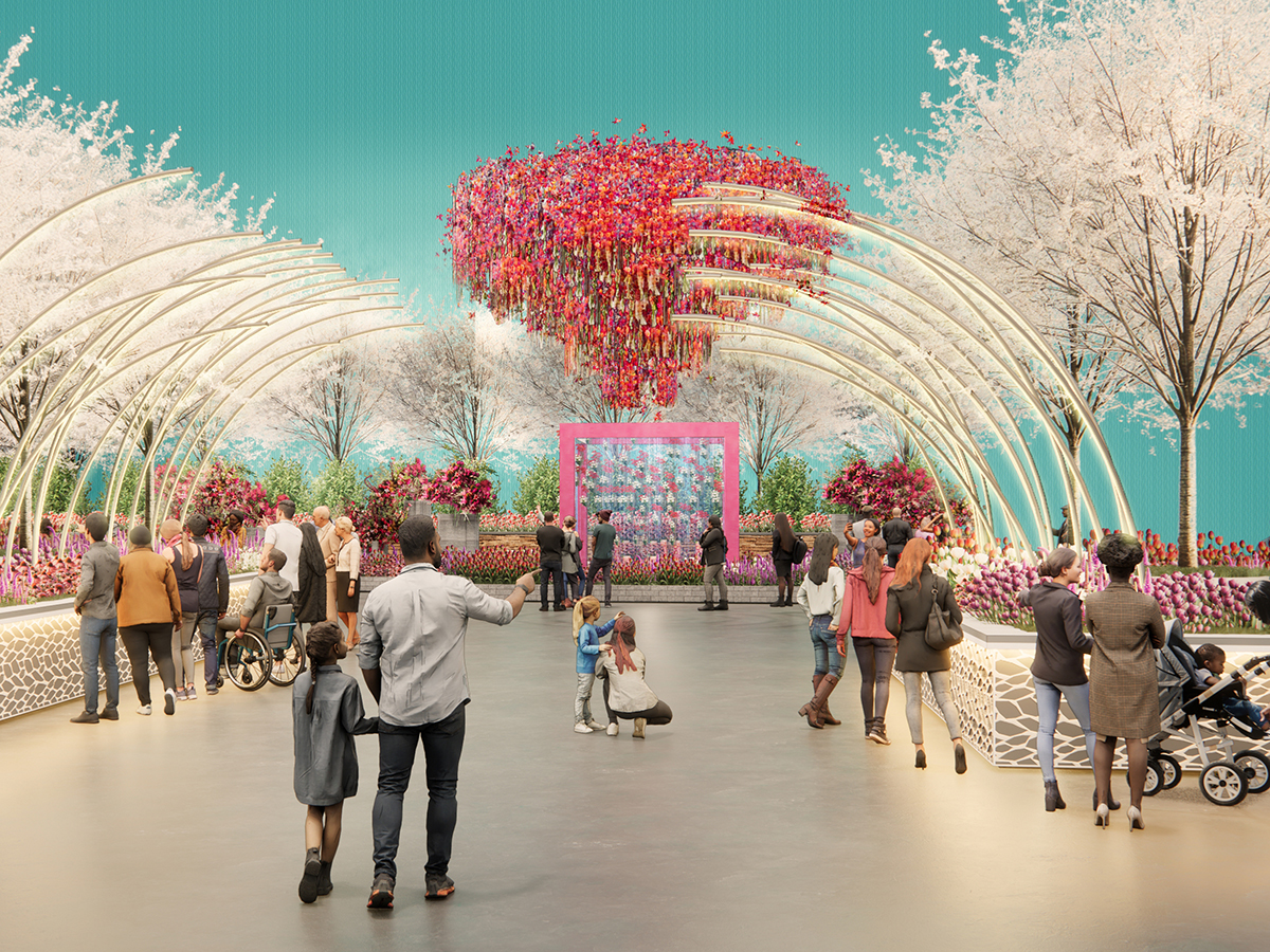 A rendering of the Philadelphia Flower Show Entrance Garden for 2025. Blooming Okami cherry blossoms line a walkway with florals hanging from above.