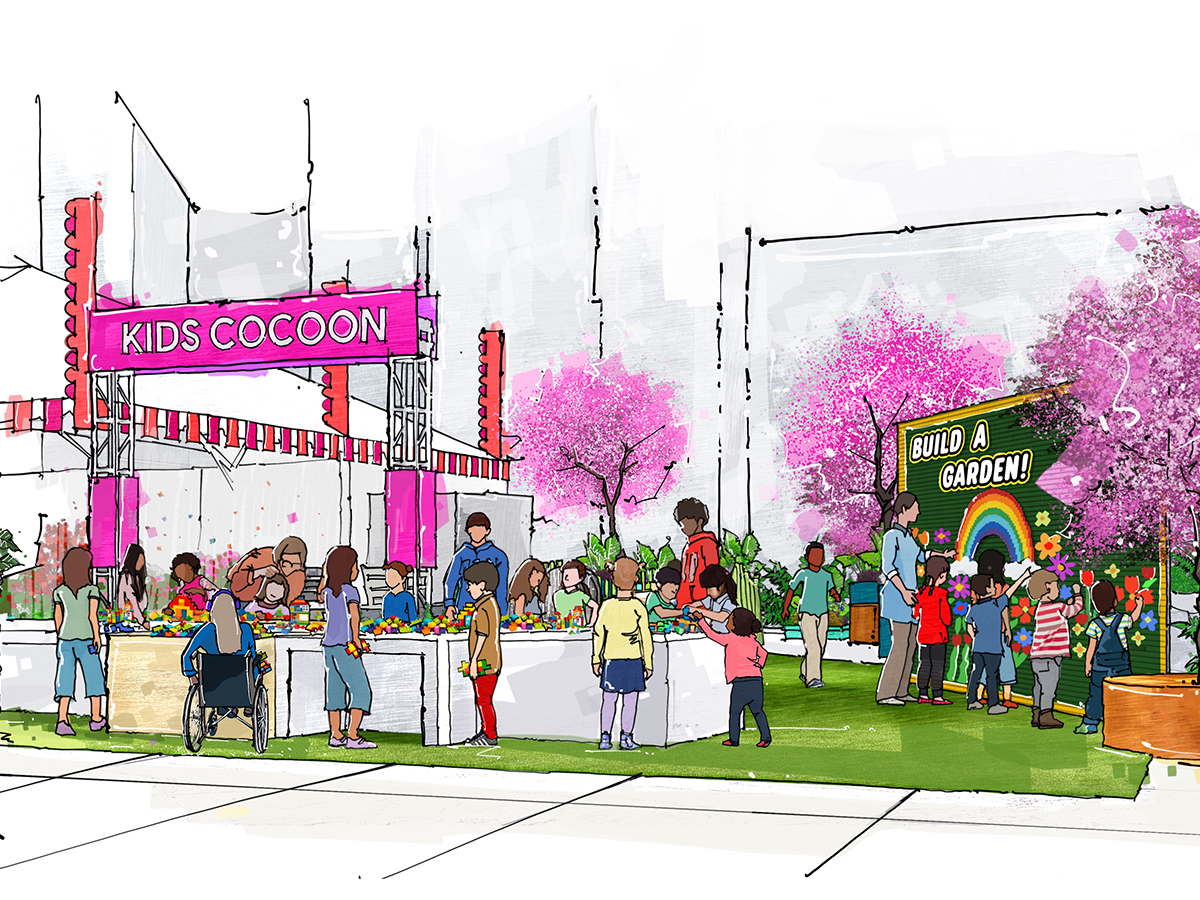 A rendering of the Kids Cocoon at the Philadelphia Flower Show. Kids and adults stand around the exhibit tables and do crafts.