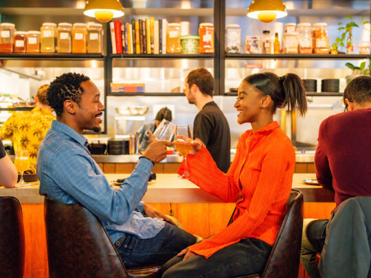 A man wearing a blue top and a woman wearing a vibrant orange blouse clink glasses while seated at the bar at Laser Wolf.