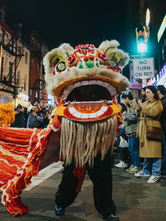 People watch a performance of a traditional lion dance during the Lunar New Year Night Parade in Chinatown.