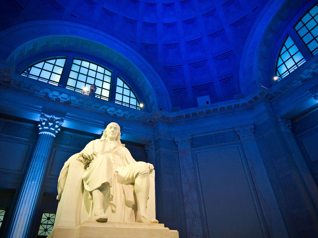 The a 20-foot-high marble statue of Benjamin Franklin is on display at The Franklin Institute.
