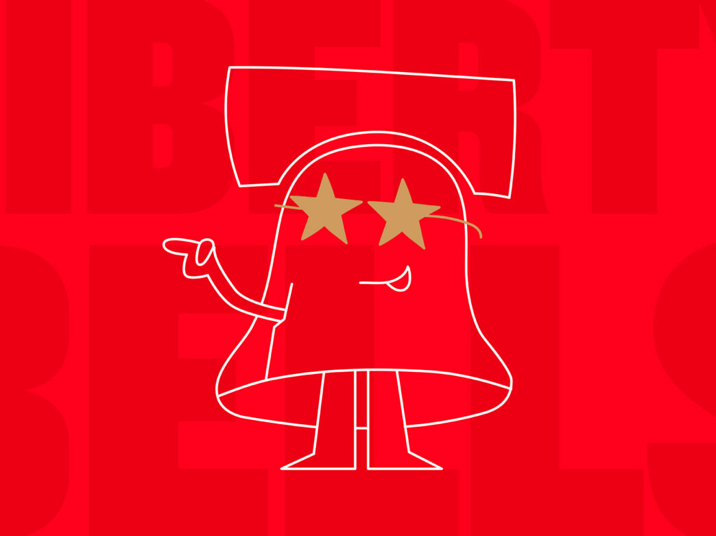 Gráfico de un Liberty Bell de dibujos animados con las palabras Liberty Bells de fondo.