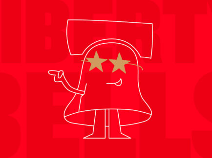 A graphic featuring a cartoon Liberty Bell with the words Liberty Bells in the background