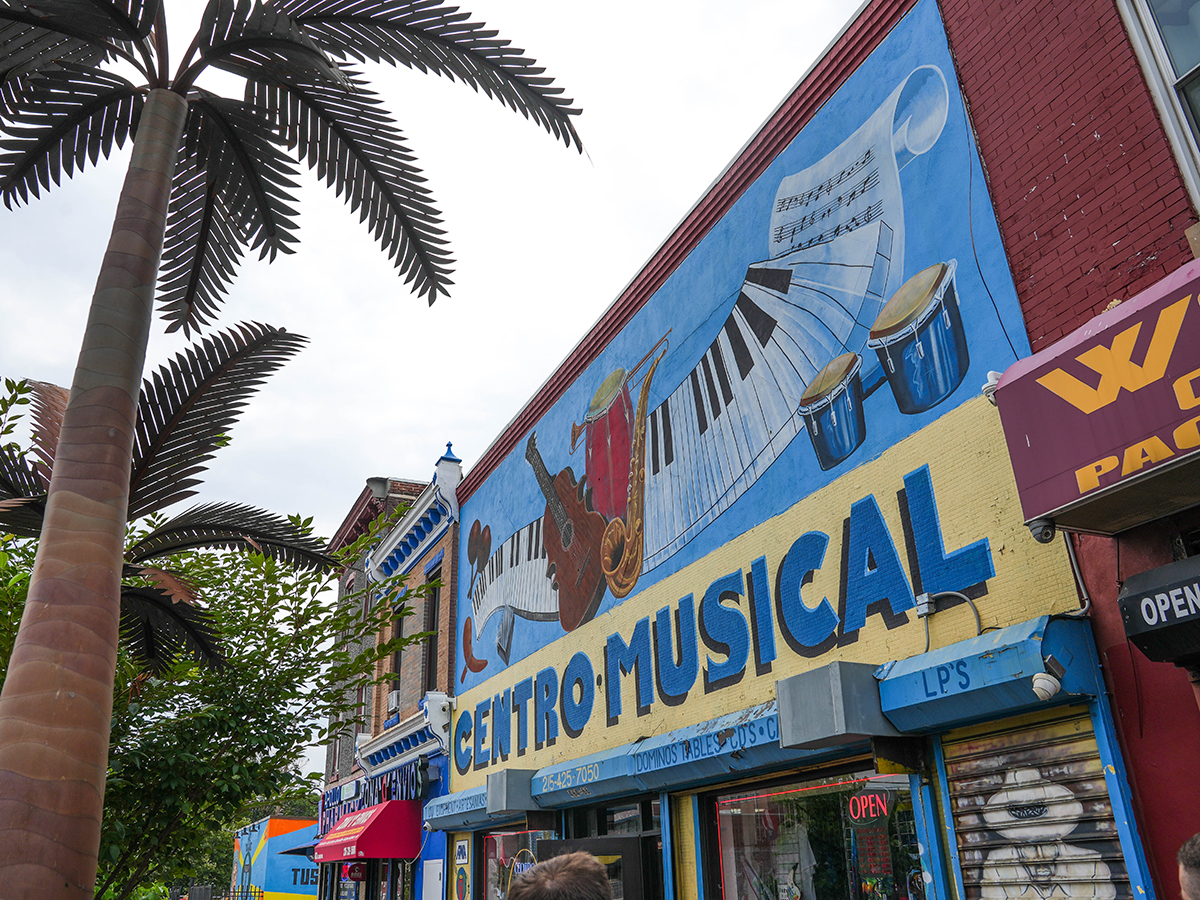 The exterior of Centro Musical, a shop along El Centro de Oro in the Fairhill section of Philadelphia.