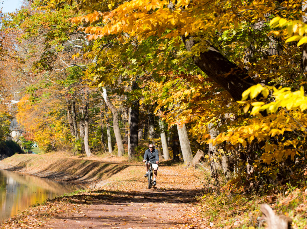 A person rides a bicycle along the gravel Delaware Canal Towpath during autumn.
