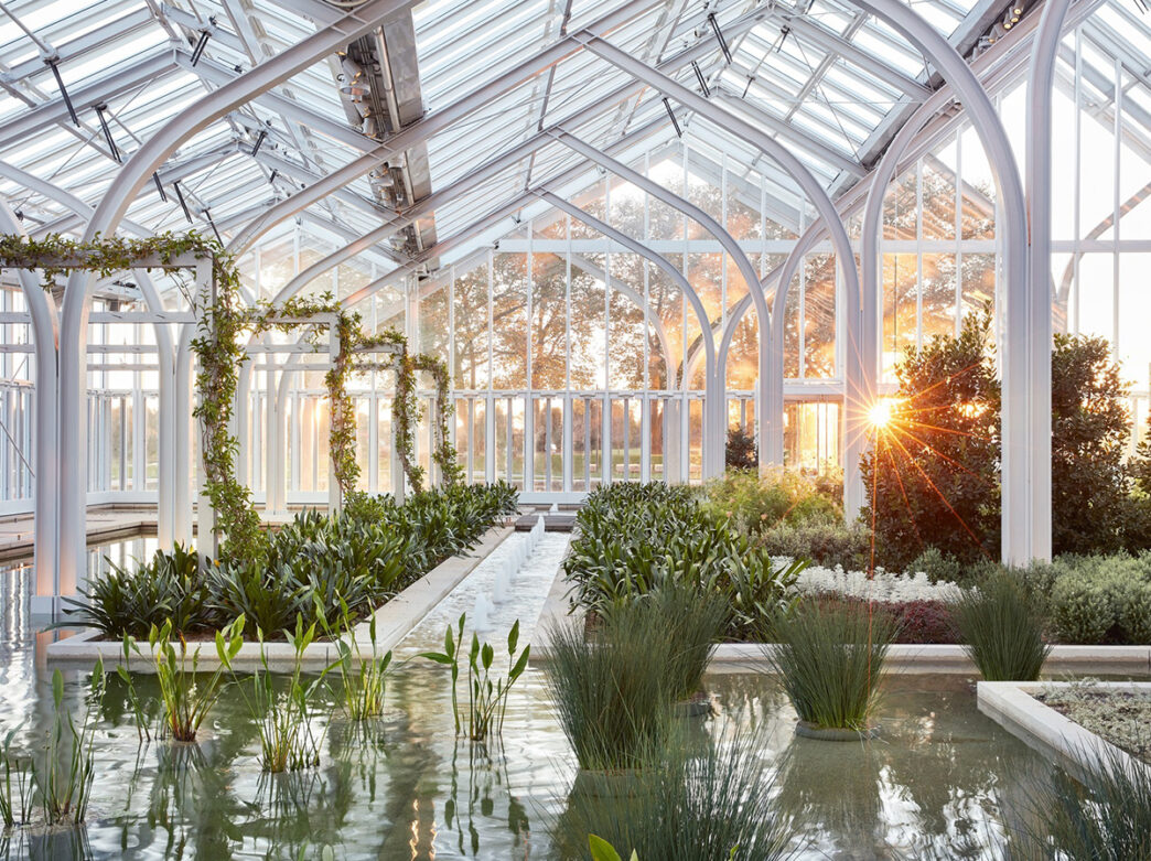 An interior view of the new West Conservatory at Longwood Gardens with a sunburst shining through the glass. Various plant and water features fill the glass greenhouse.