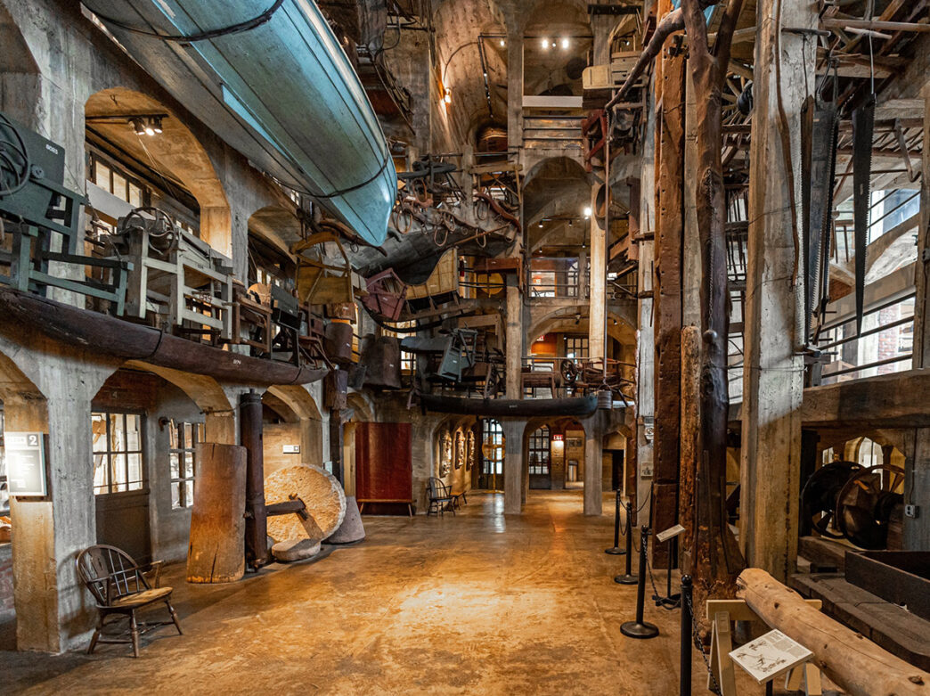 Old wagons, boats and other pre-mechanical materials are displayed in the Mercer Museum.