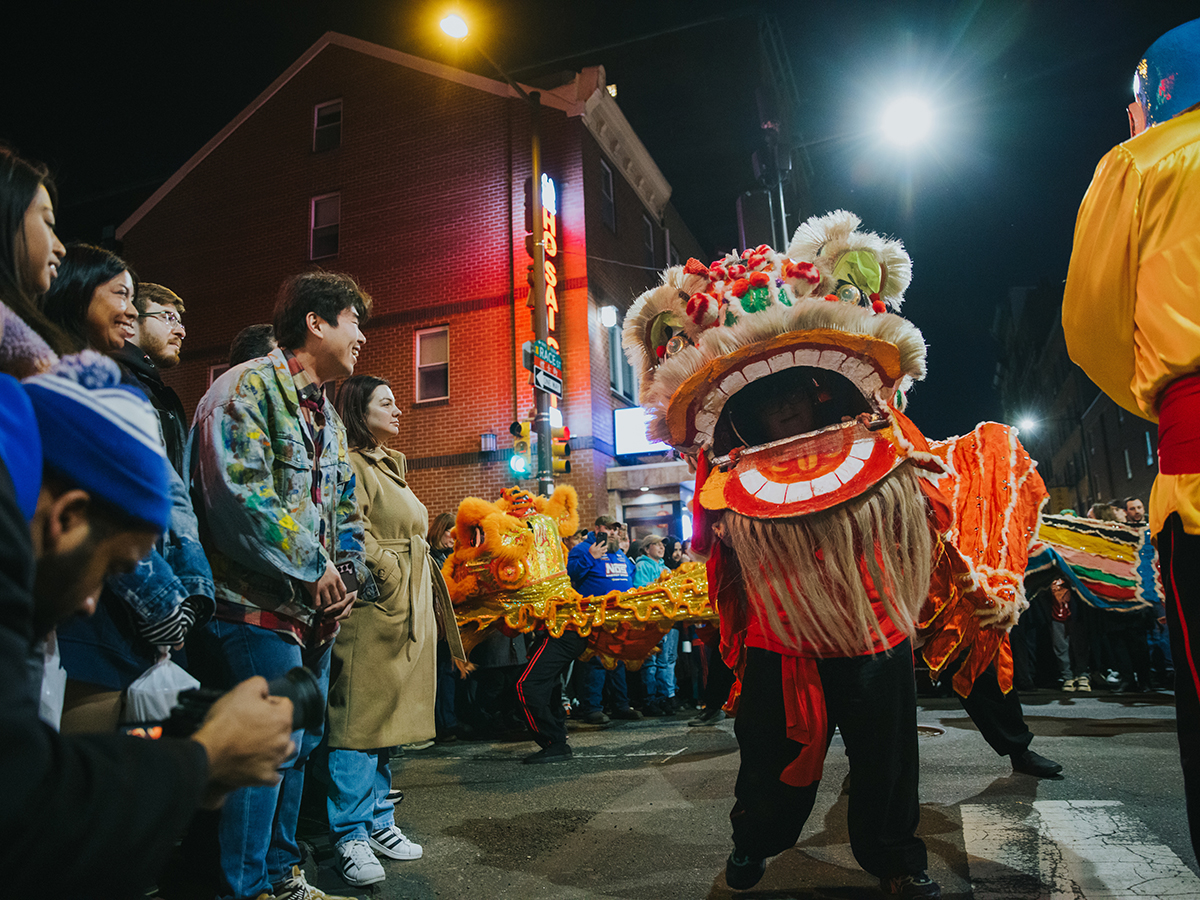 People watch a performance of a traditional lion dance in the street during the Lunar New Year Night Parade in Chinatown.