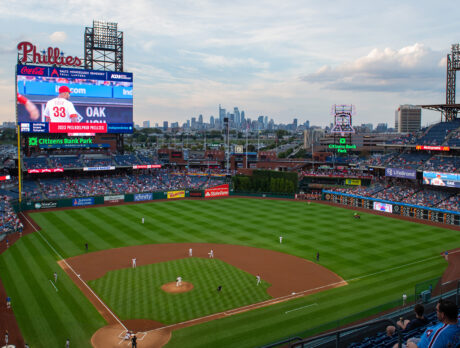 A shot of the baseball field and Citizens Bank Park with the Philadelphia skyline in the distance.
